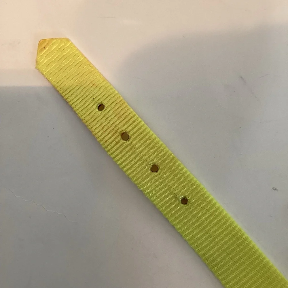 Dog collar, bright yellow, 24” x 1”, heavy nylon, metal hardware. Adjustable